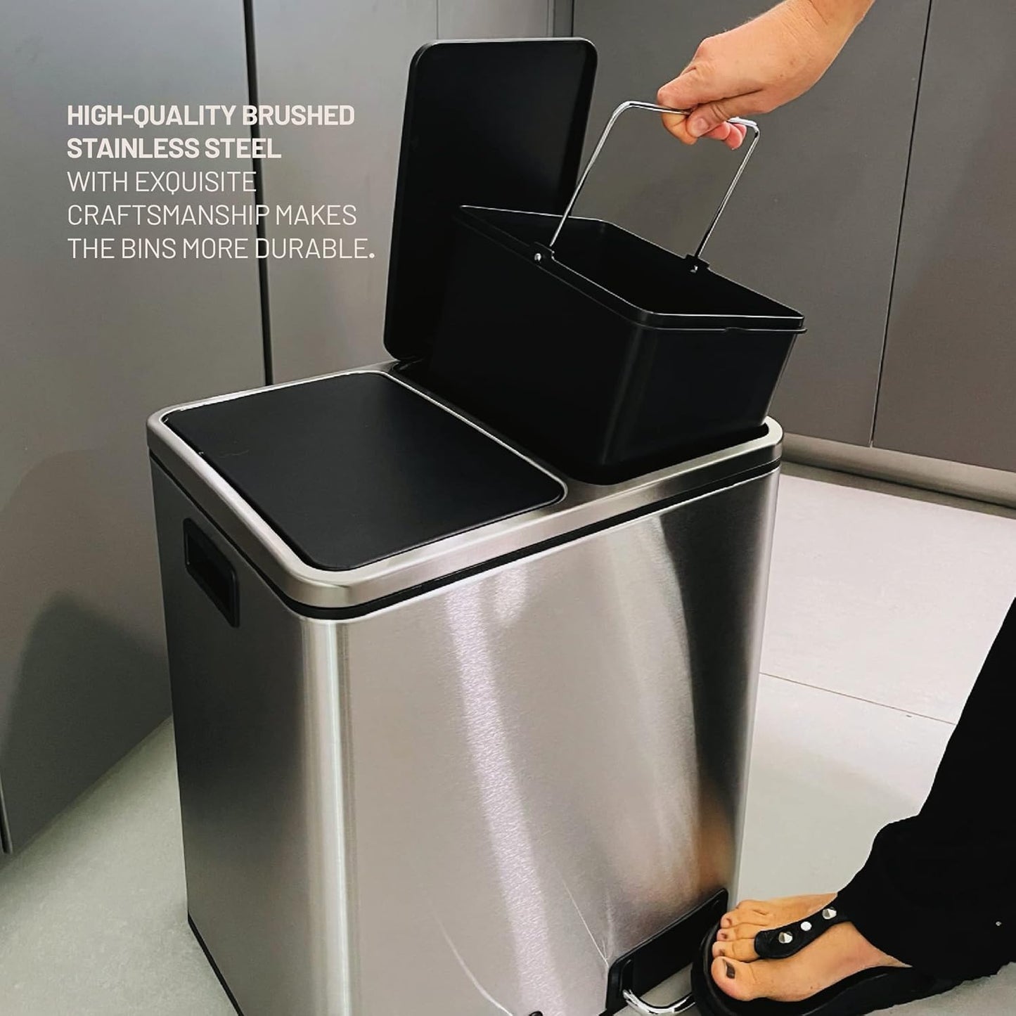 Soft Close Stainless Steel Double Trash Can (30 Liters / 7.9 Gallons)