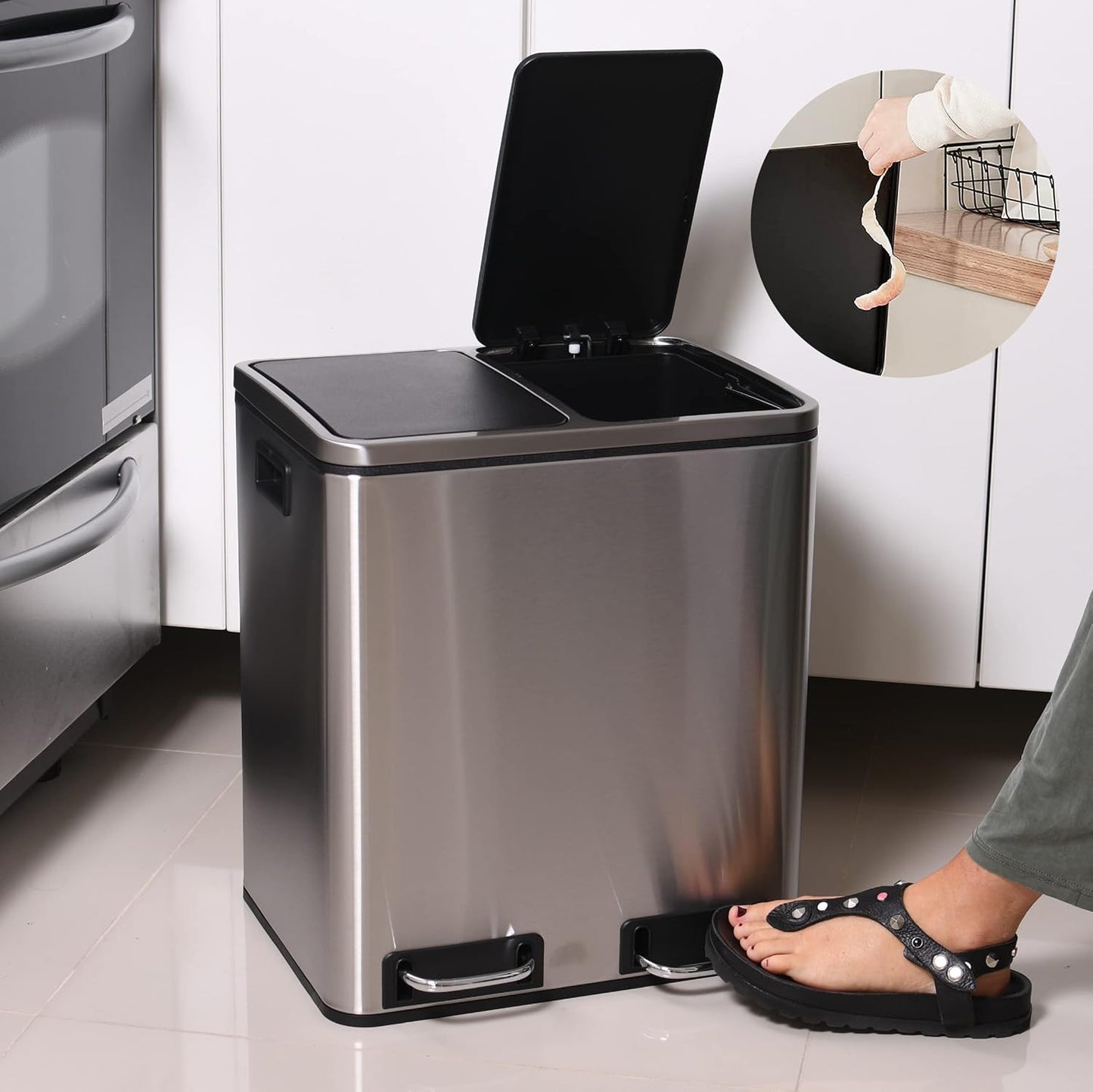 Soft Close Stainless Steel Double Trash Can (30 Liters / 7.9 Gallons)