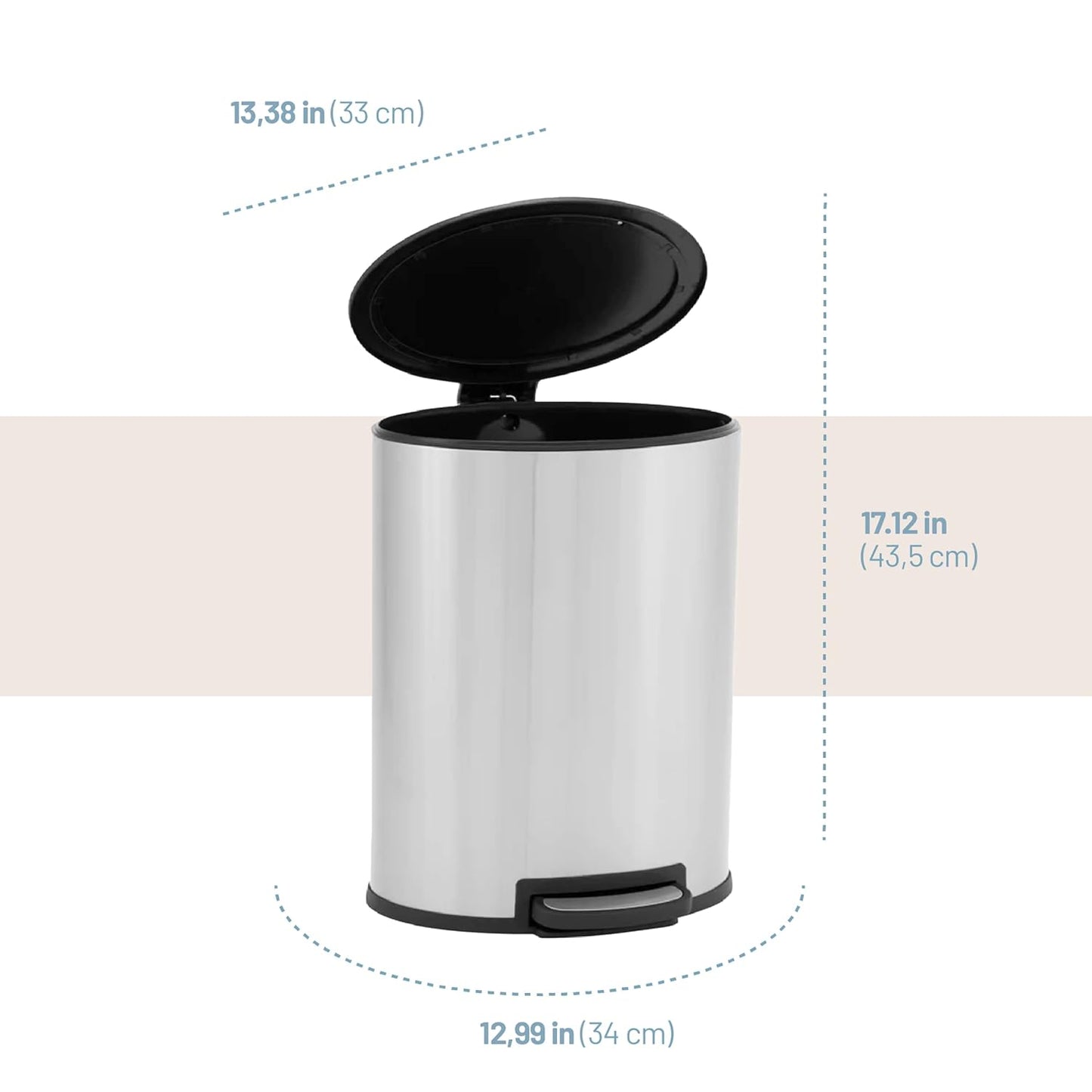 Oval Stainless Steel Trash Can with Soft Close (20 Liters / 5.3 Gallons)