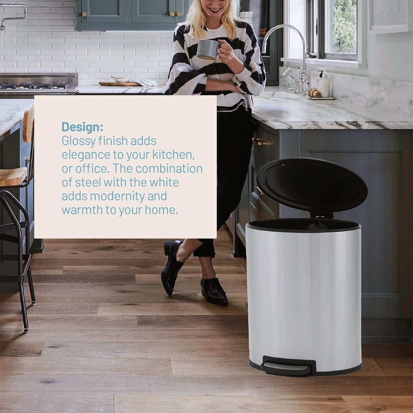 Oval Stainless Steel Trash Can with Soft Close (20 Liters / 5.3 Gallons)