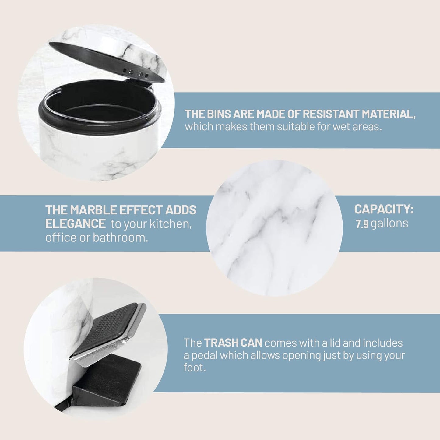 Simil Marble Trash Can (30 Liters / 7.9 Gallons)