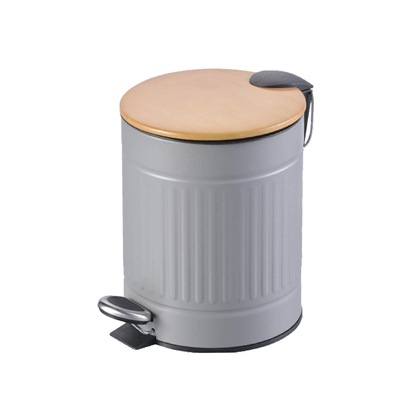 Textured Gray Stainless Steel Trash Can with Wooden Lid and Soft Closure (5 Liters / 1.3 Gallons)