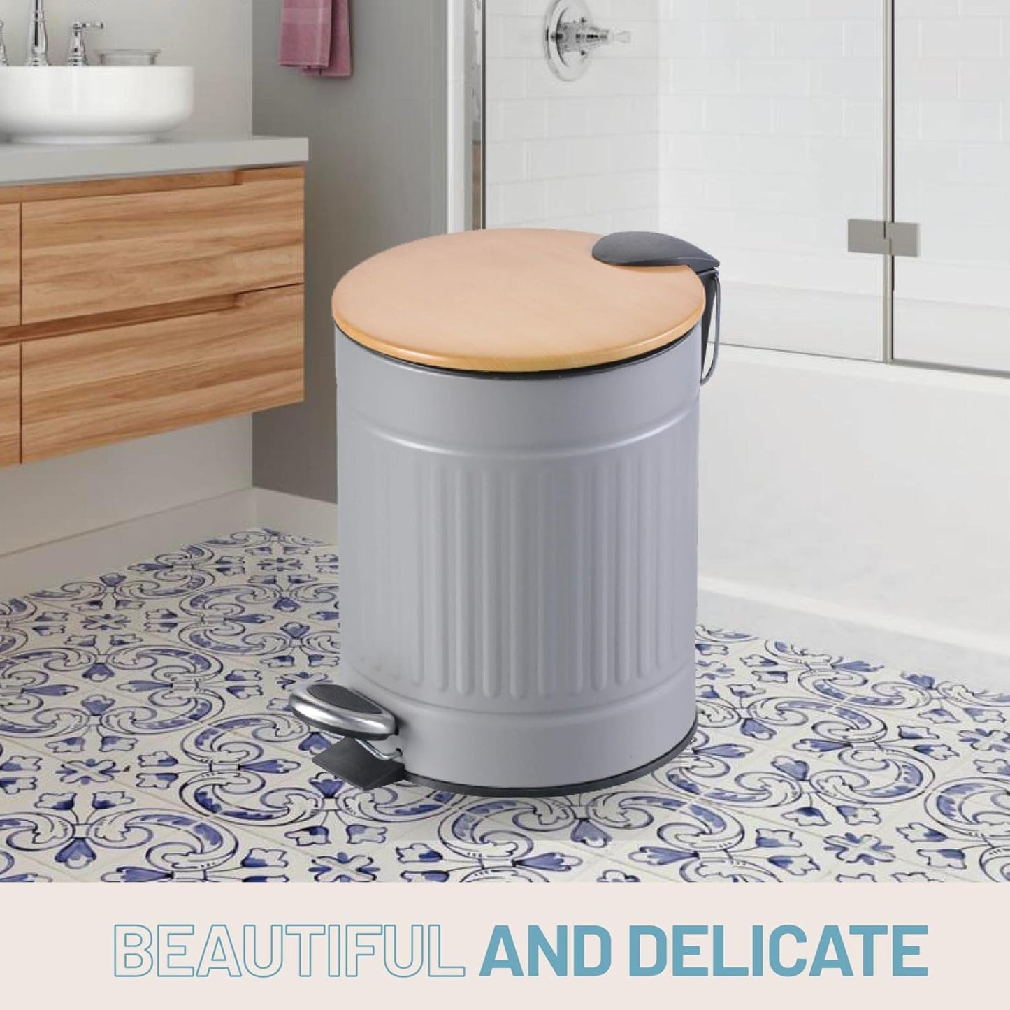 Textured Gray Stainless Steel Trash Can with Wooden Lid and Soft Closure (5 Liters / 1.3 Gallons)