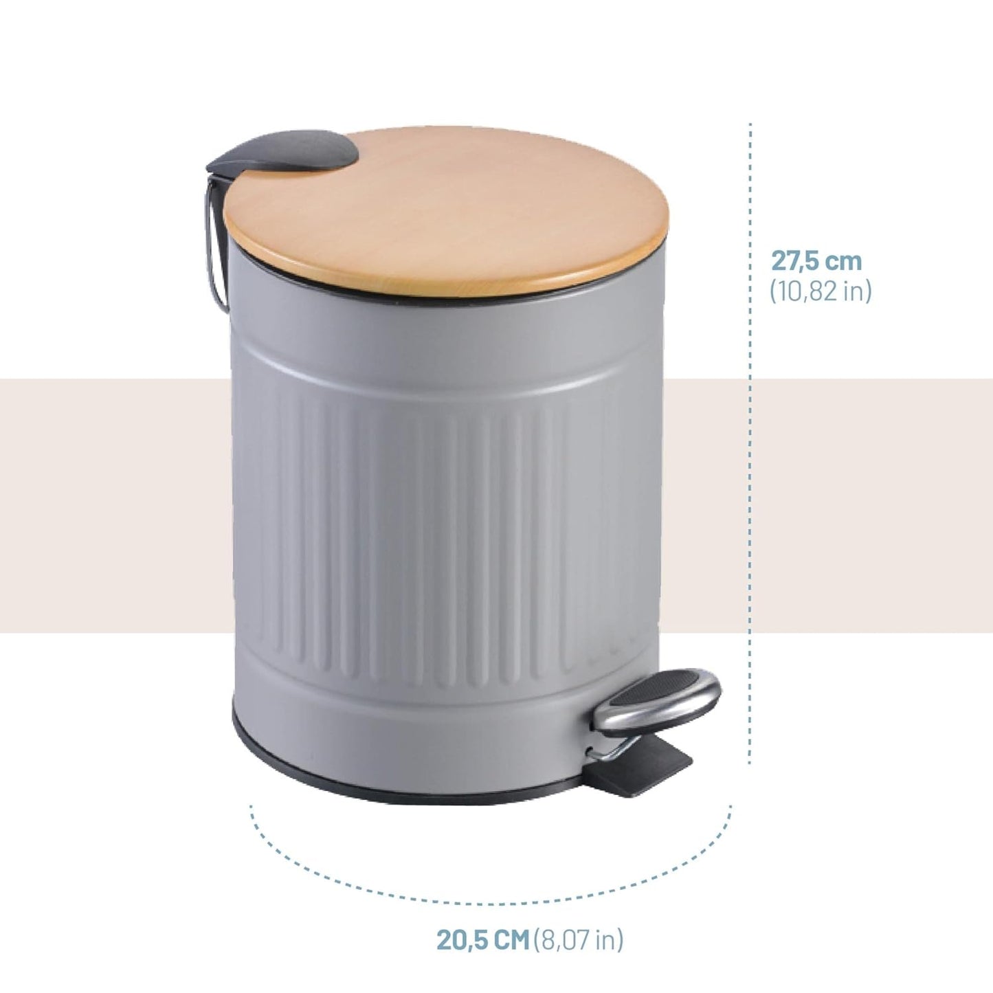 Textured Gray Stainless Steel Trash Can with Wooden Lid and Soft Closure (5 Liters / 1.3 Gallons)