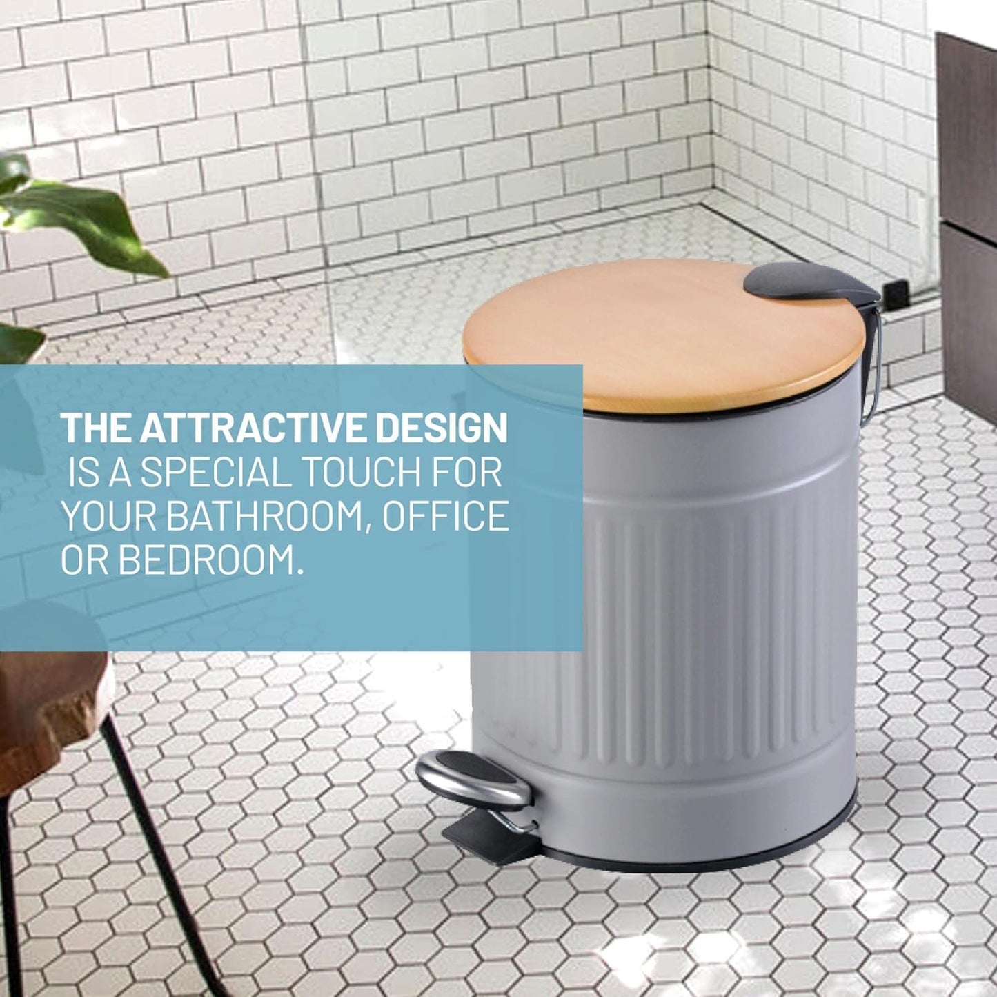 Textured Gray Stainless Steel Trash Can with Wooden Lid and Soft Closure (5 Liters / 1.3 Gallons)