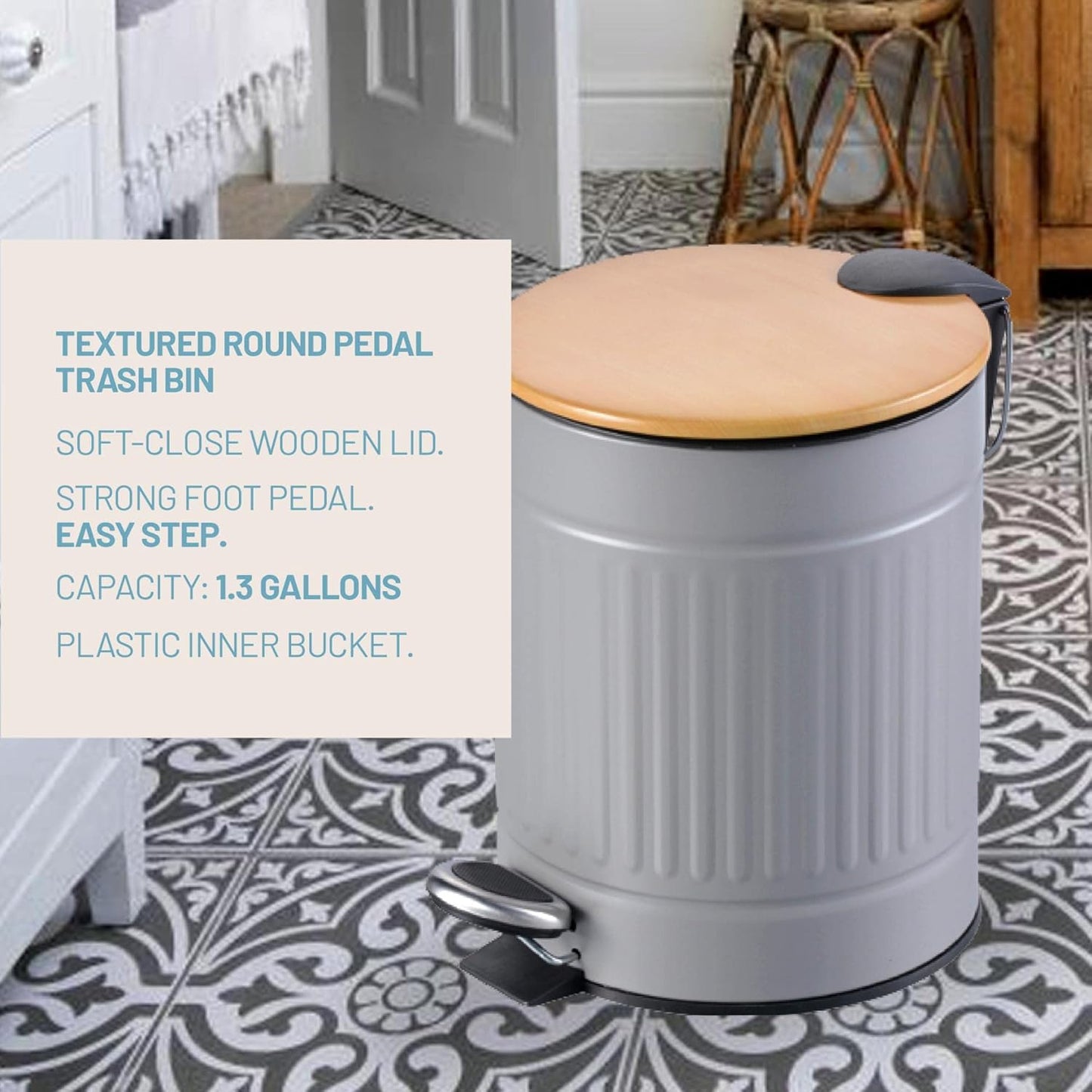 Textured Gray Stainless Steel Trash Can with Wooden Lid and Soft Closure (5 Liters / 1.3 Gallons)