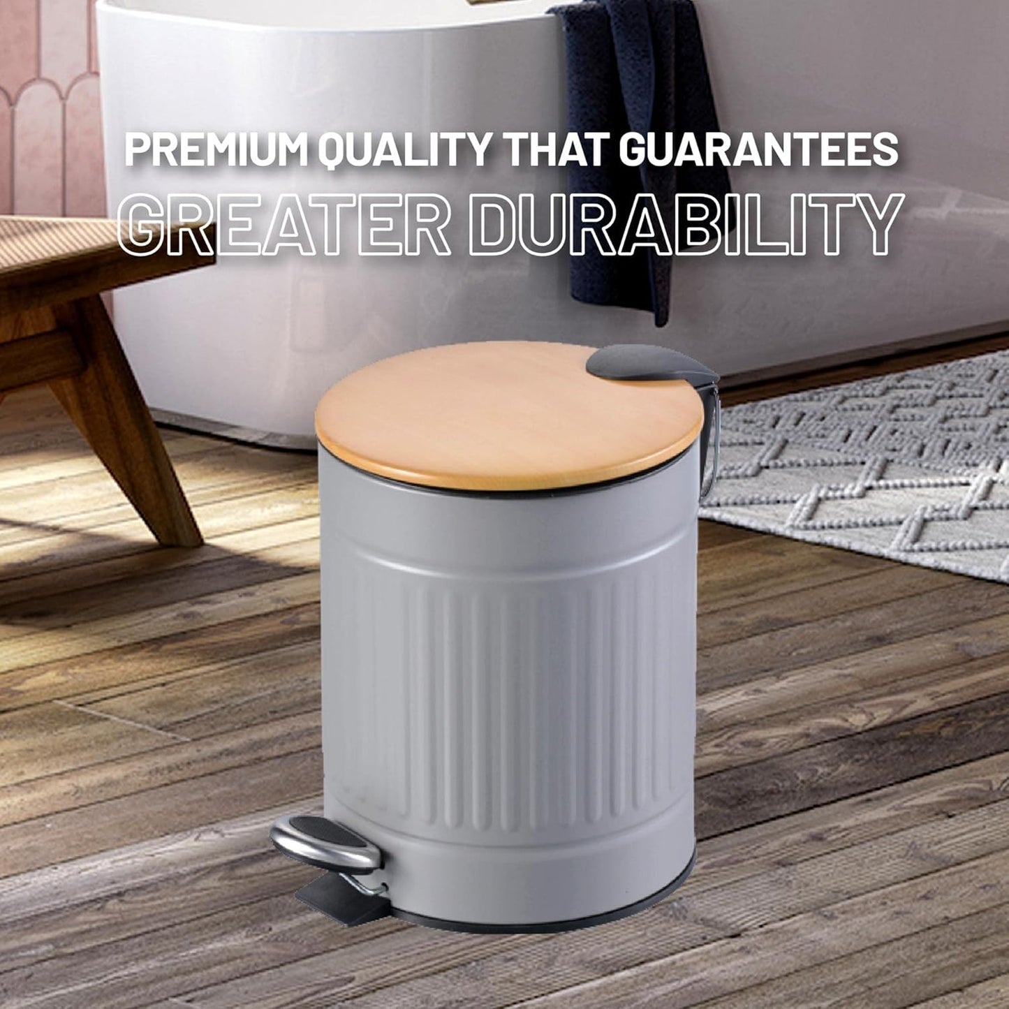 Textured Gray Stainless Steel Trash Can with Wooden Lid and Soft Closure (5 Liters / 1.3 Gallons)