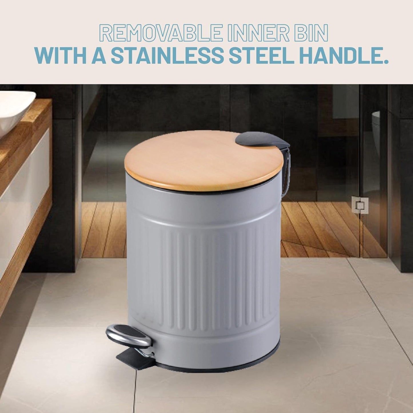 Textured Gray Stainless Steel Trash Can with Wooden Lid and Soft Closure (5 Liters / 1.3 Gallons)